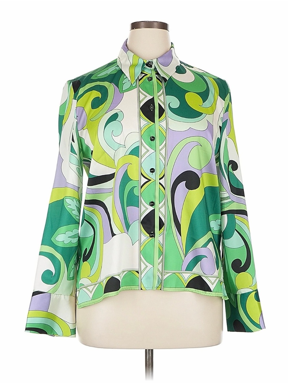 Zara Silky Green Multi-Pattern Button-Up Shirt